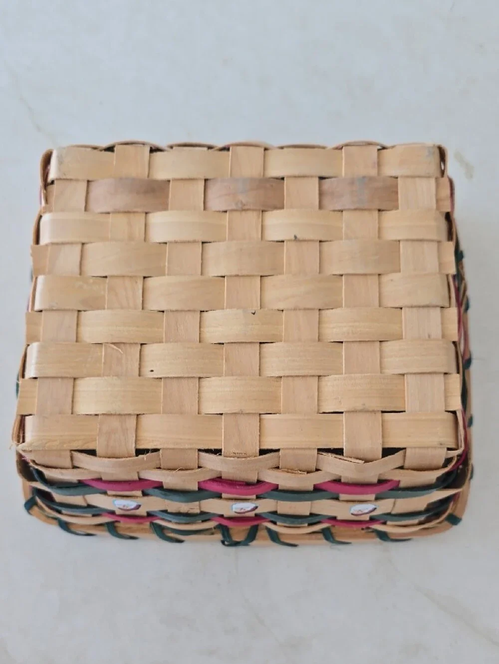 Festive Woven Holiday Basket in Natural with Green and Red Accents & Santa Faces
